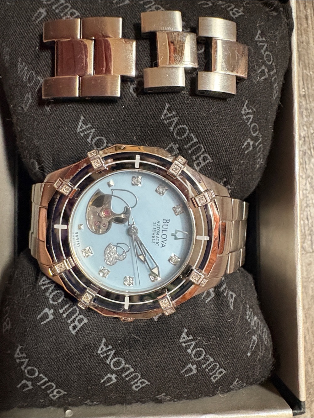 Bulova Silver Bracelet Watch with Light Blue Dial and Heart Open-Heart - Picture 7 of 8